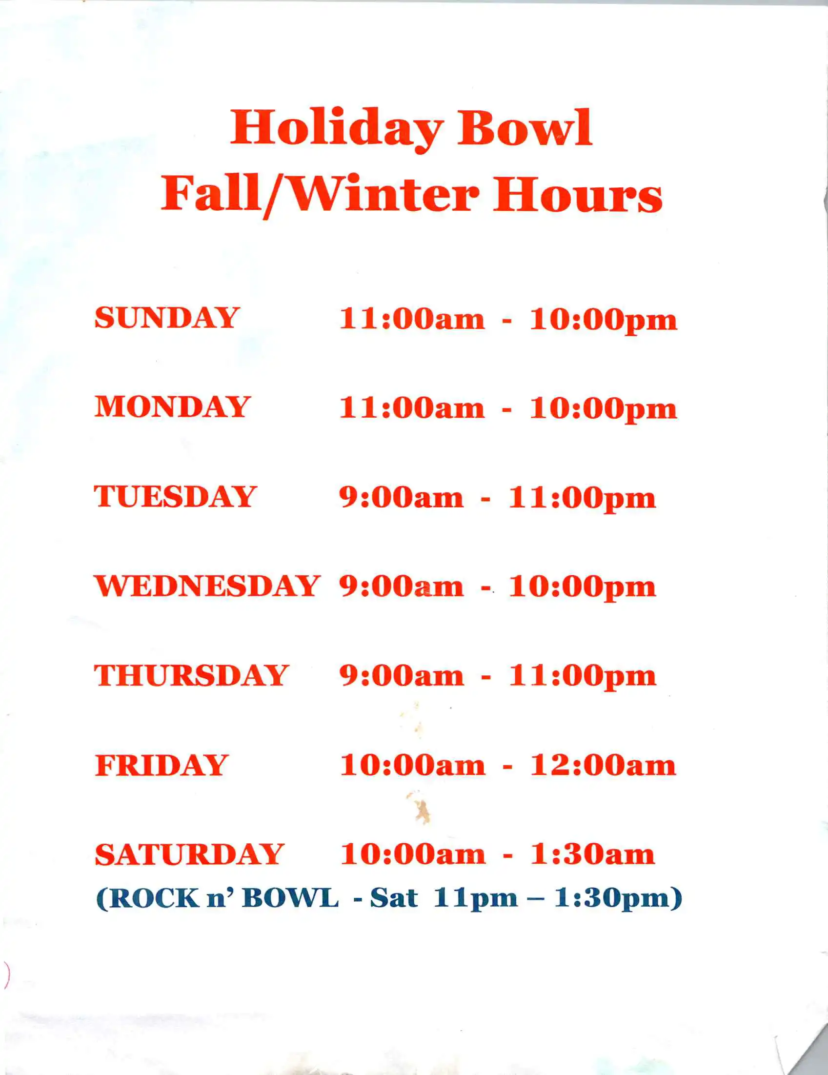 Holiday Bowl Altoona - Fall/Winter Hours Holiday Bowl Altoona - Fall/Winter Hours